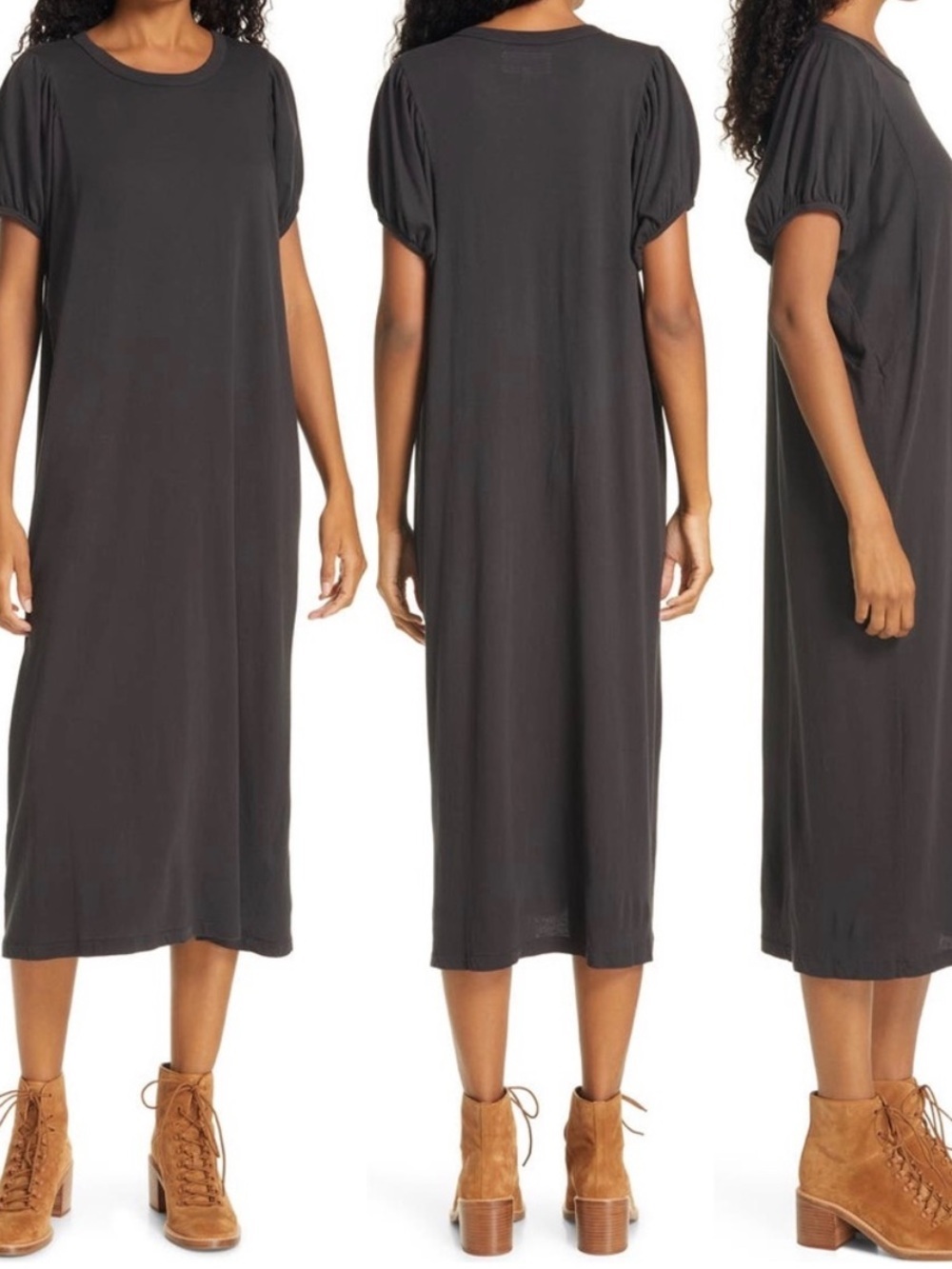 THE GREAT. NWT Puff Sleeve Crewneck Dress New Cotton Midi Navy Blue Women’s XS